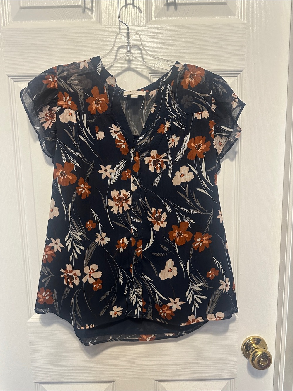 LOFT Black Floral Button-Front Blouse with Rust & Cream Flowers